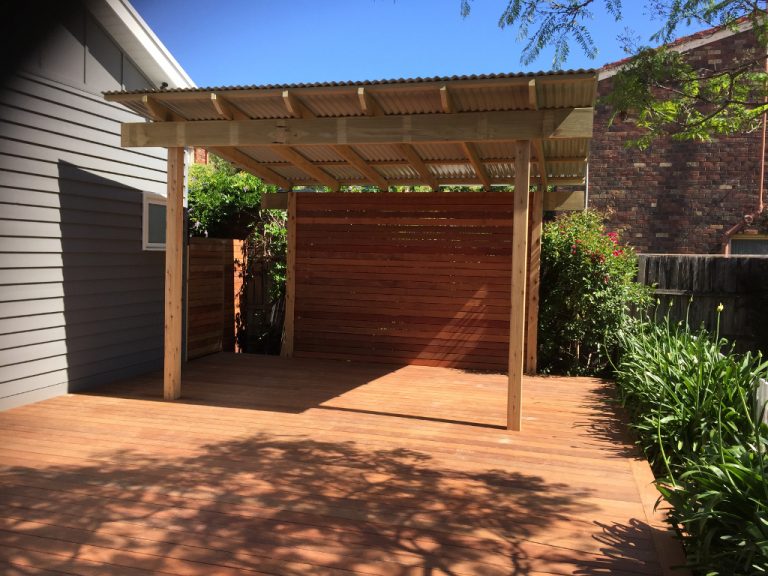outdoor living area with timber decking and timber pergola in south eastern suburb of melbourne